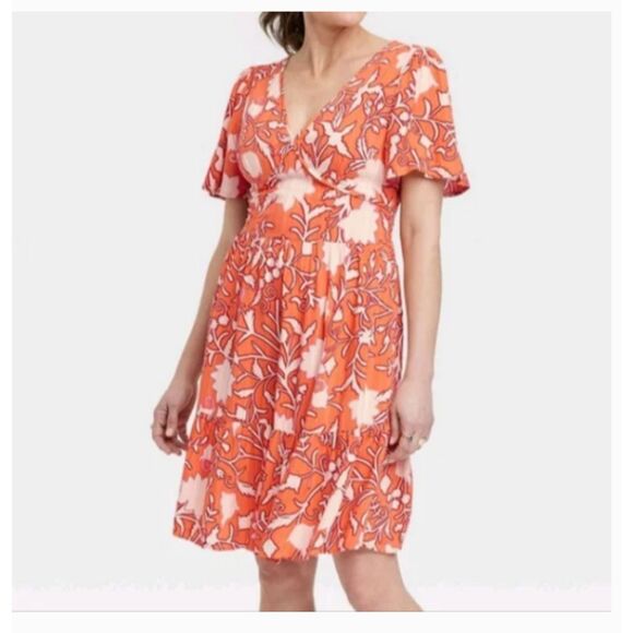 44 Women's Knox Rose Tangerine Orange Botanical Mini Dress - Picture 1 of 4